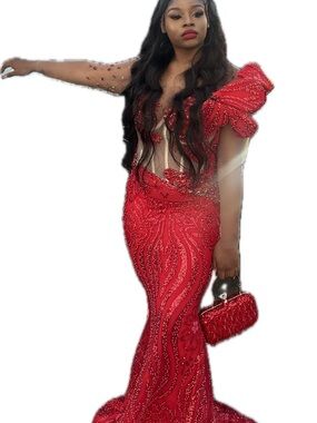 Red Beaded Mermaid Evening Dress with One-Shoulder Puff Sleeve